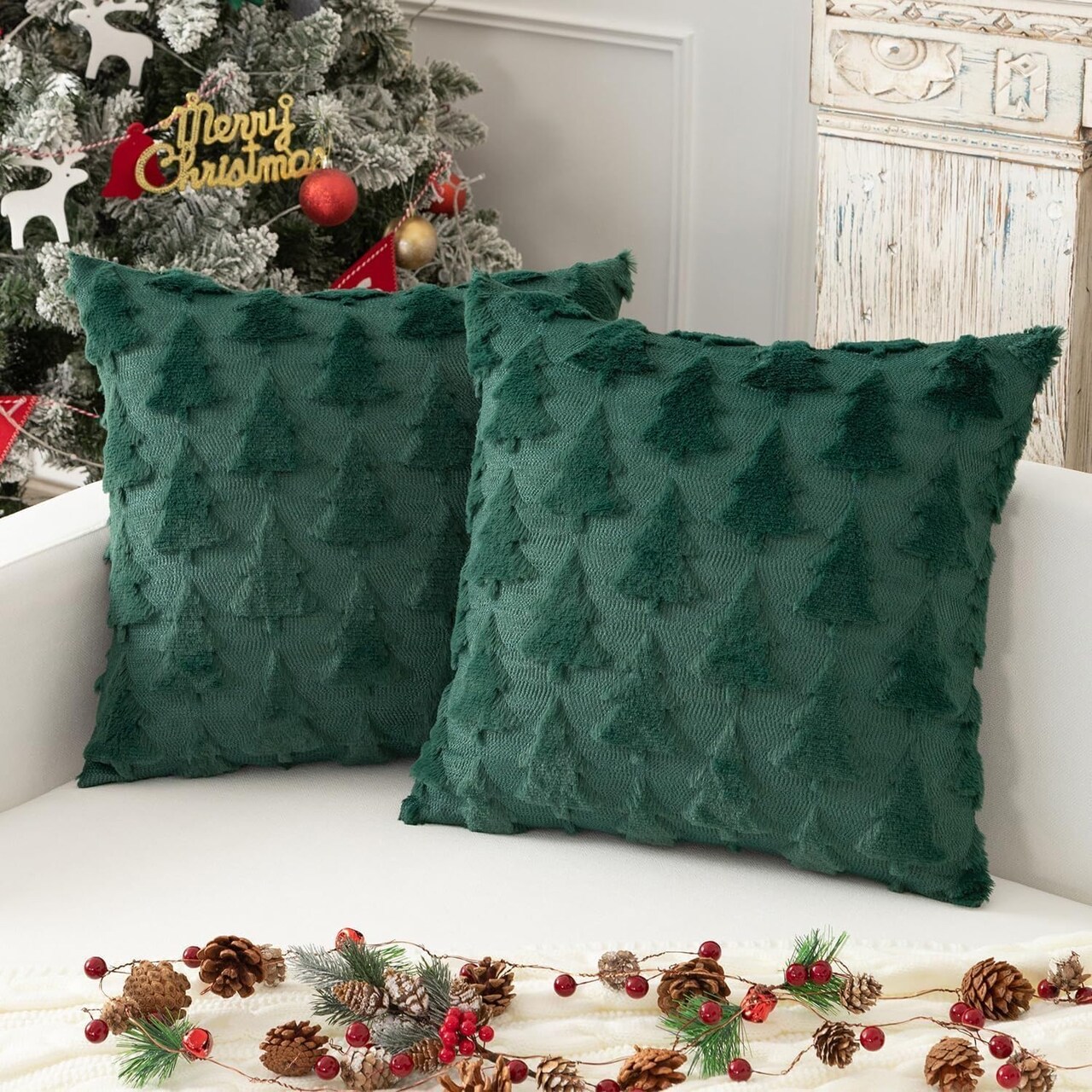 Christmas Tree Pillow Covers Set of 2 – 18x18 Inch 3D Xmas Tree Shaped Faux Fur Throw Pillow Covers for Couch, Sofa, Living Room Winter Holiday Decor, Farmhouse (Dark Green)
